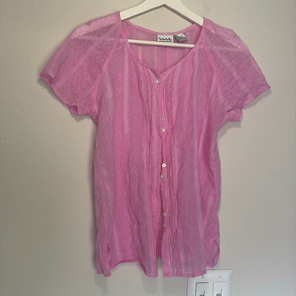 Vintage Tops - VINTAGE White Mountain Pink Button Cotton Cottage Boho Blouse medium